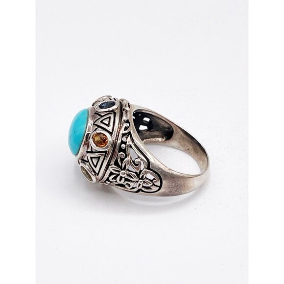 Sally C Treasures Sterling Silver Turquoise & Gems Tribal Sunburst Ring SZ 11 - Picture 4 of 10